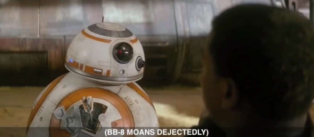 BB-8 with captioned dialogue