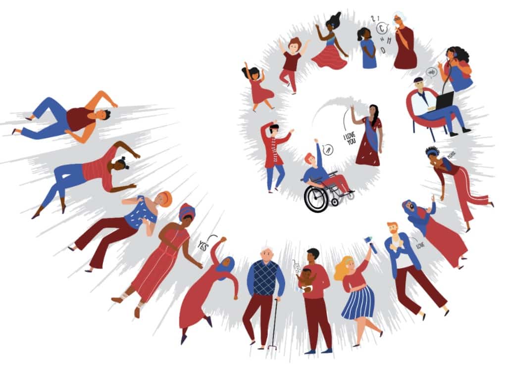World Hearing Day theme image, a drawing of people of all abilities
