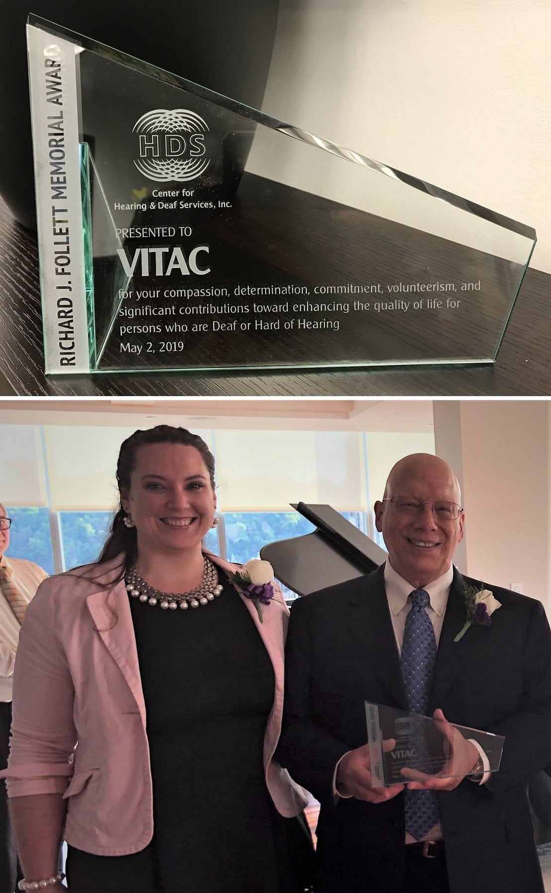 Photo of VITAC's Marketing Director Brittany Winland and CMO John Capobianco and close-up of the Richard Follett Memorial Award.