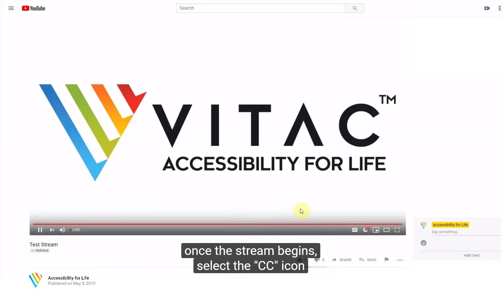 Still from video showing VITAC logo with the captioned instructions to click the 