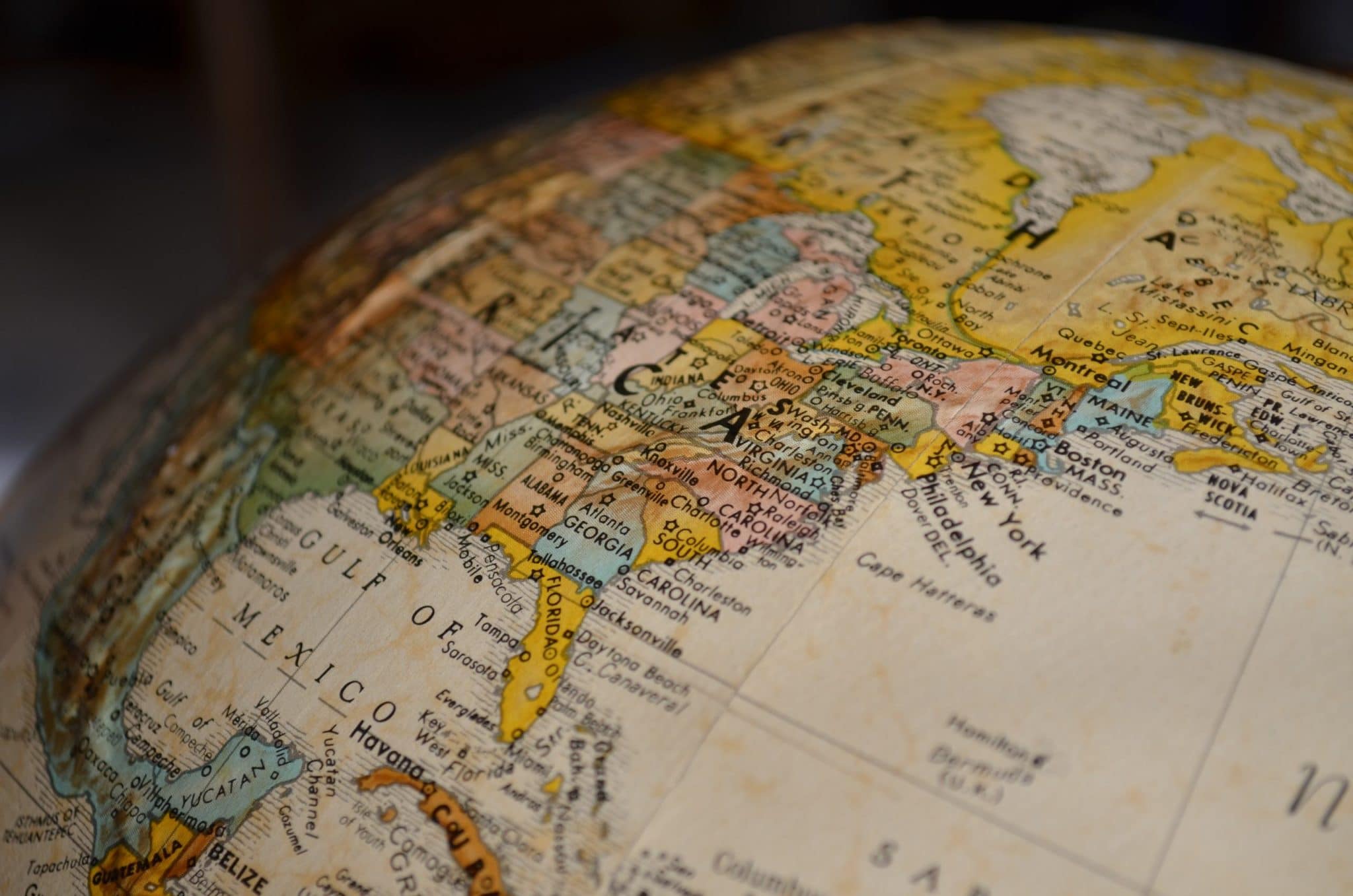 Close-up of a globe, showing parts of North America