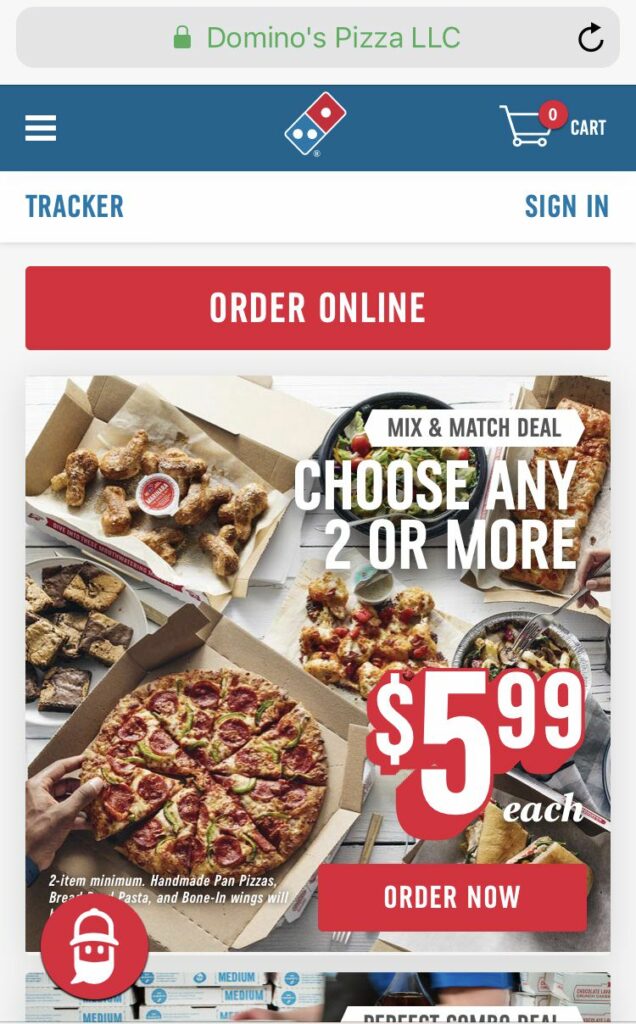 Screenshot of Domino's Pizza mobile app, with ordering instructions