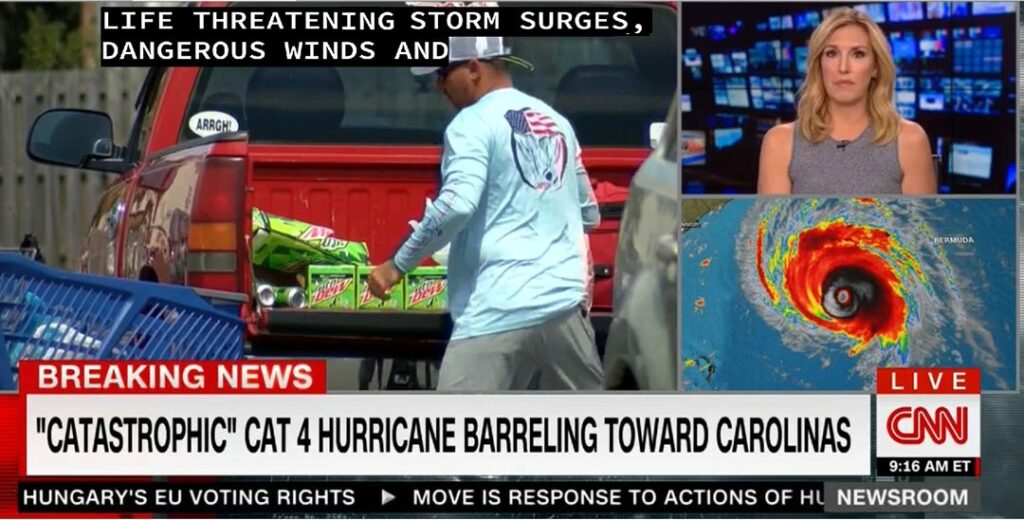 Captioned screenshot of a CNN Breaking News story warning of a hurricane