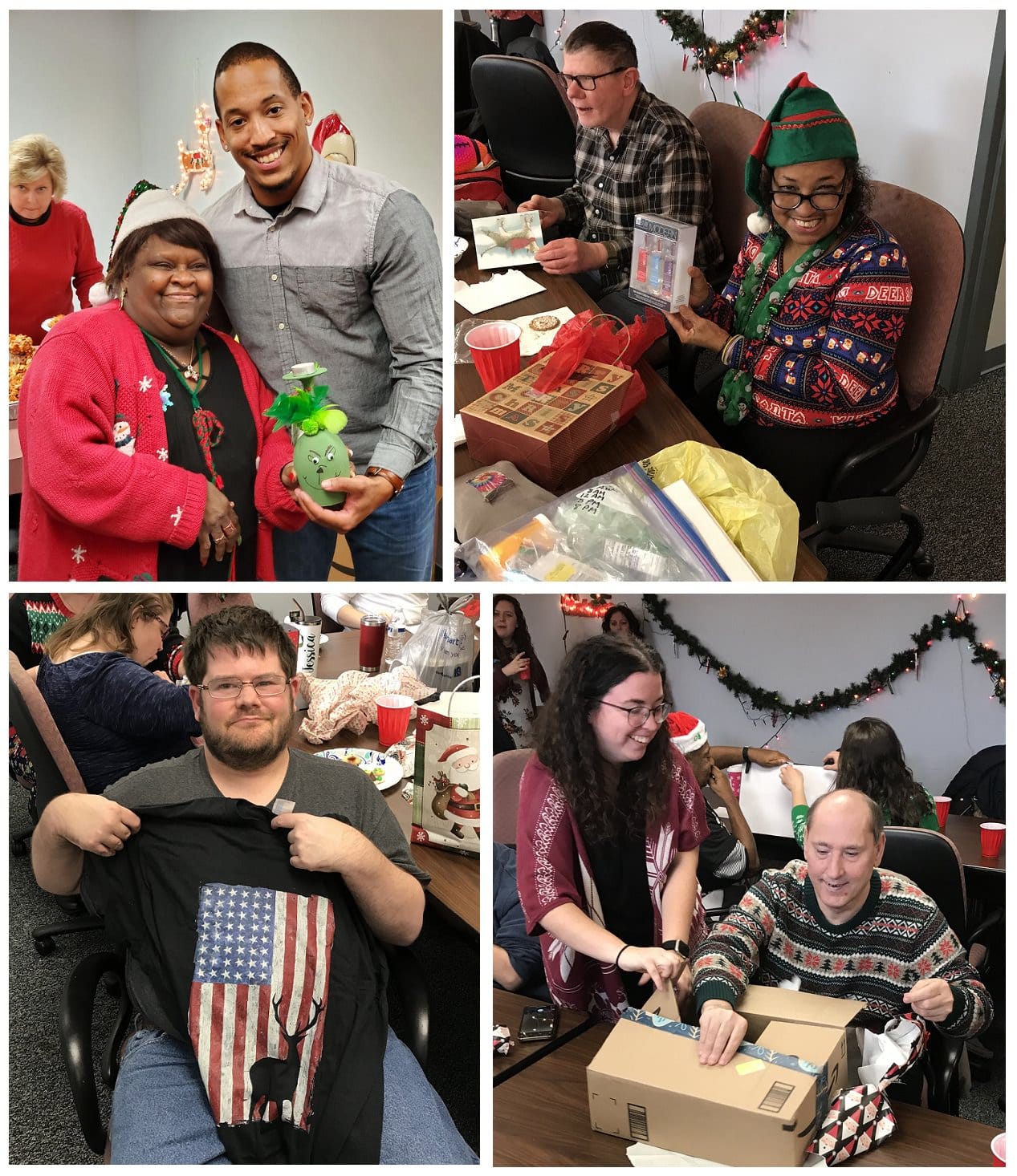 Collage of photos from HDS event, including people opening gifts.