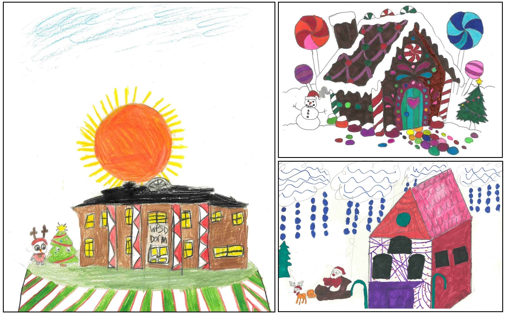 Students holiday artwork showing winter scenes, including a gingerbread house, a farm, and the exterior of the Western Pennsylvania School for the Deaf
