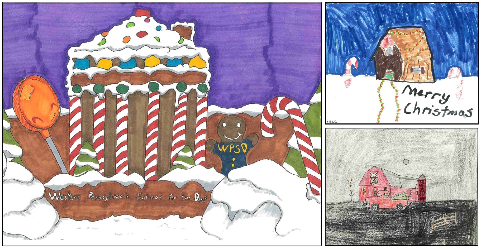 Students holiday artwork showing winter scenes, including a gingerbread house and the exterior of the Western Pennsylvania School for the Deaf