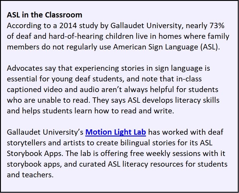 call out box noting benefits of ASL in the classroom