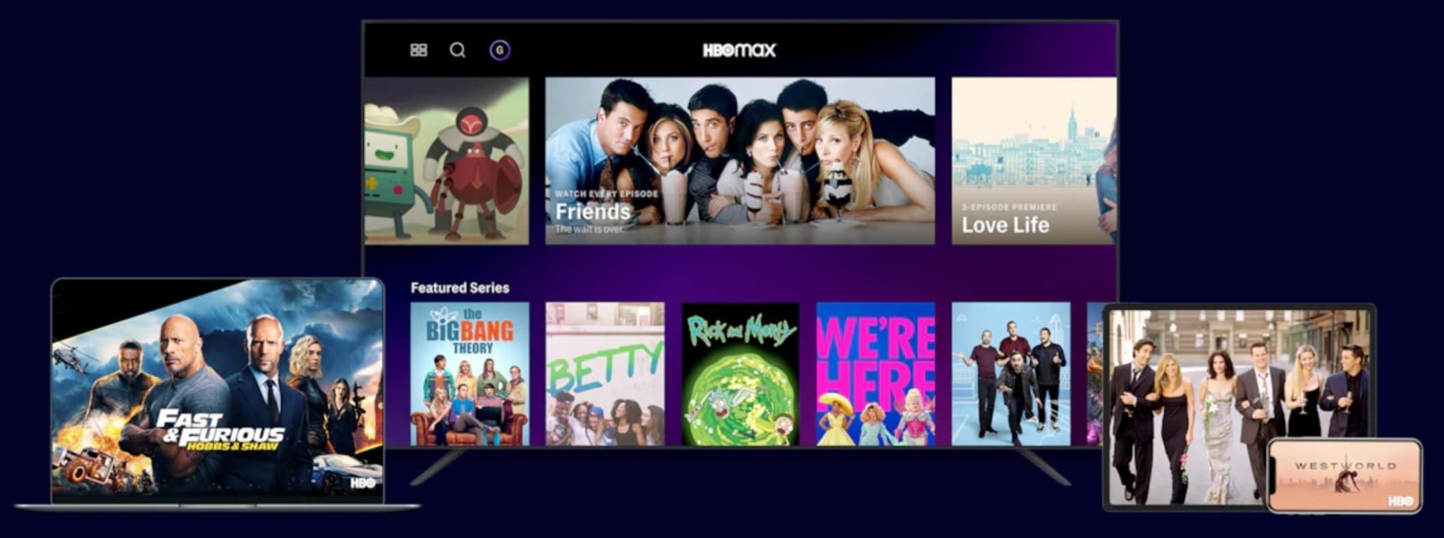 HBO Max screenshot showing program offerings