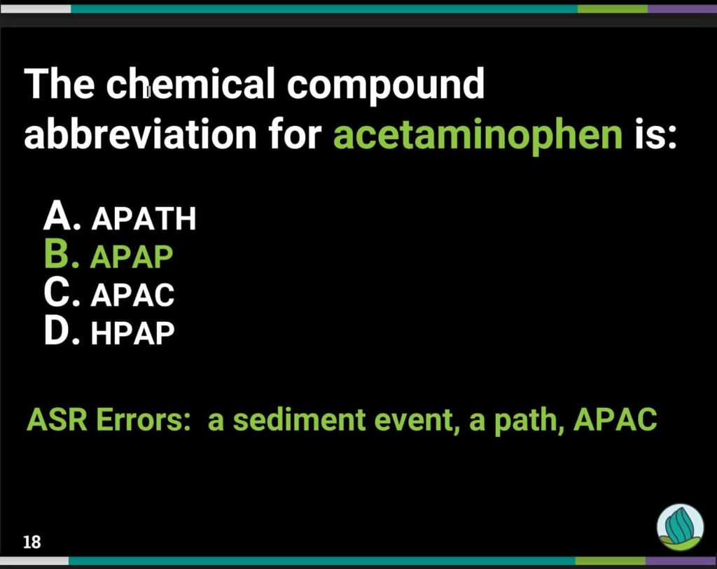 Slide from ASR webinar noting the errors in captioning for the term "acetaminophen"