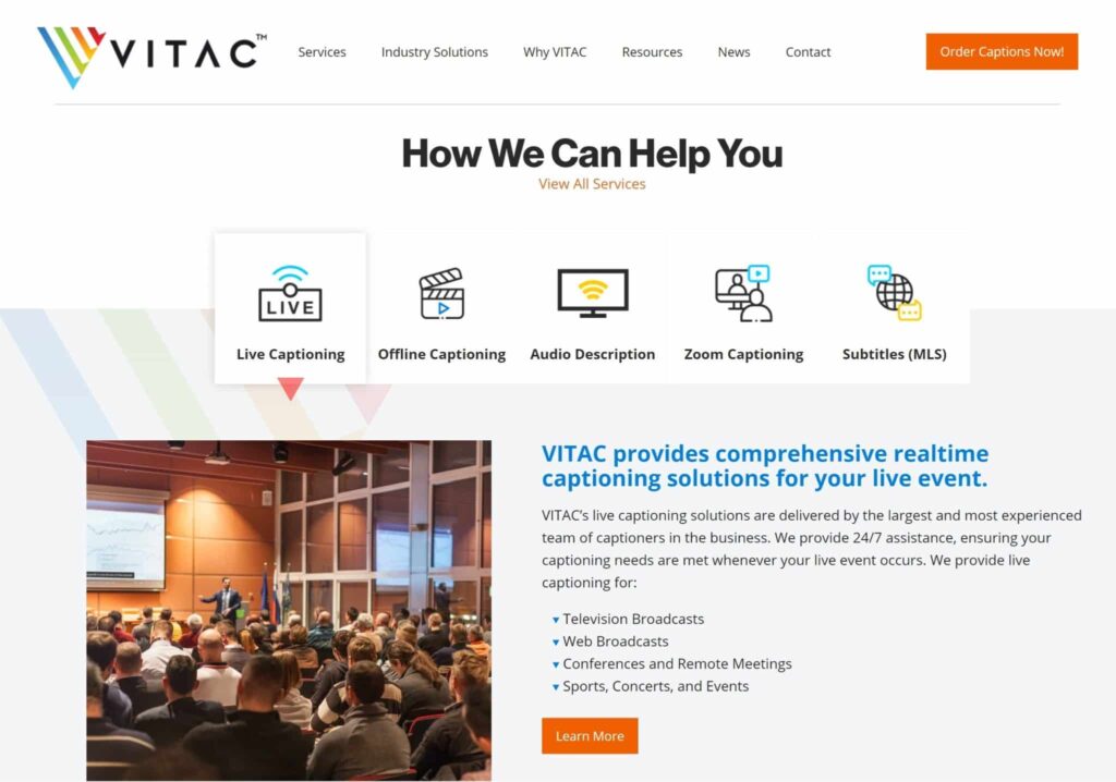 Screenshot of VITAC.com homepage, highlighting the 'how we can help" section.