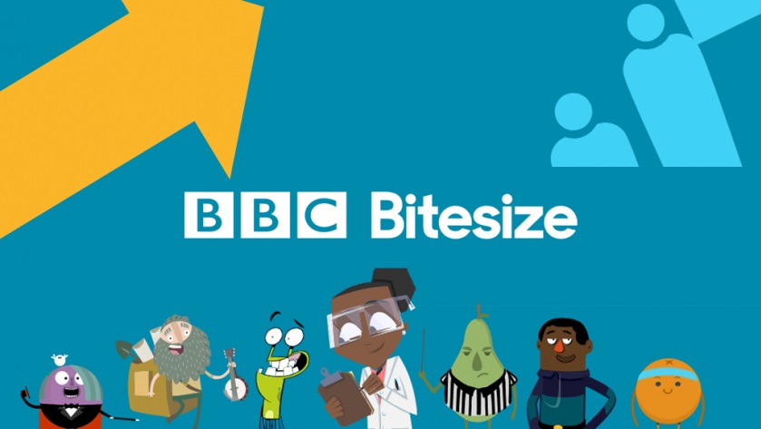 Blue image with the words 'BBC Bitesize' in white across the middle. Cartoon, illustrated pictures of children run across the bottom
