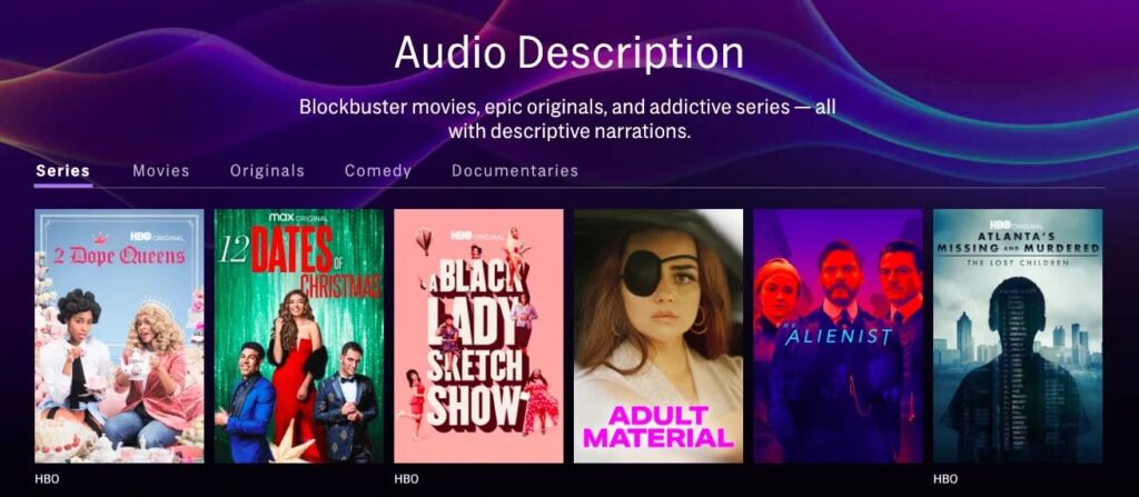 HBO Max Audio Description television menu