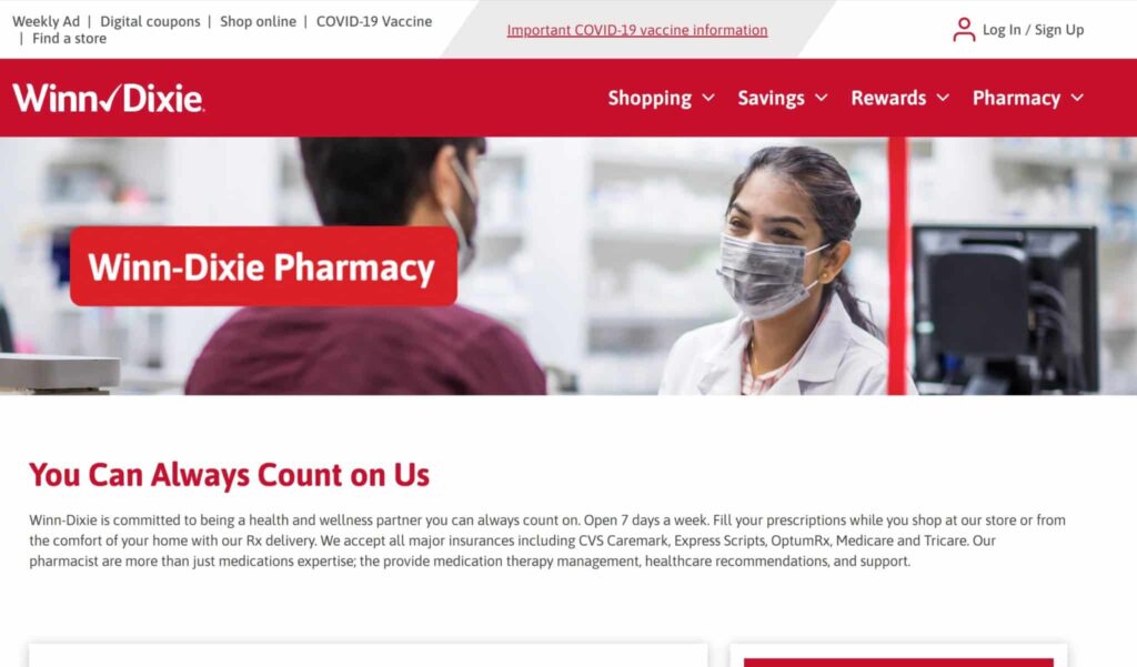 Screenshot of Winn-Dixie pharmacy website