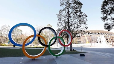 Five multicolored rings on display for the Summer Olympic Games
