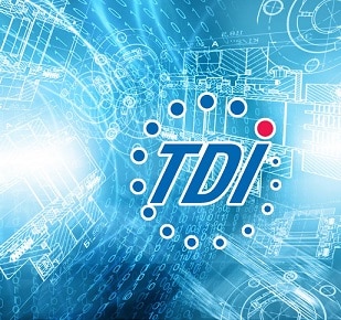 The letters TDI on a swirling blue background