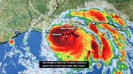 Screenshot of satellite image of Hurricane Ida approaching the coast with the caption reading 'the storm is expected to make landfall some time today.'