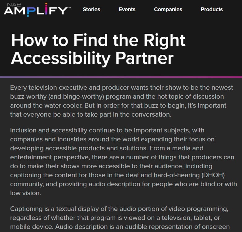 Screenshot of NAB Amplify article text titled 'how to find the right accessibility partner'