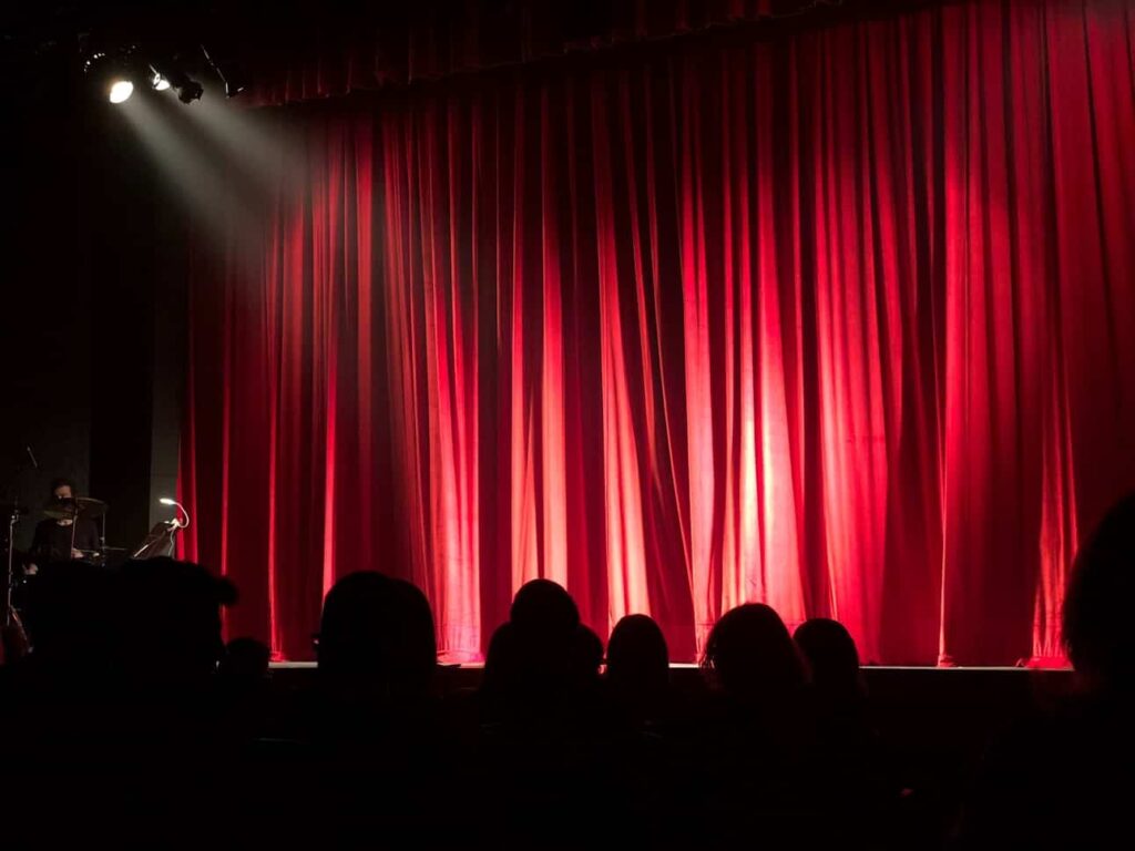 Rear view of a theater audience silhouetted against the stage