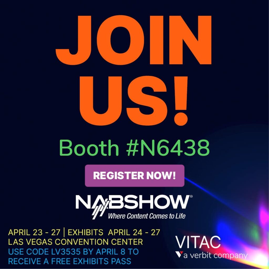 NAB Show registration invite, with the text "Join Us in Booth N6438' and a link to free registration