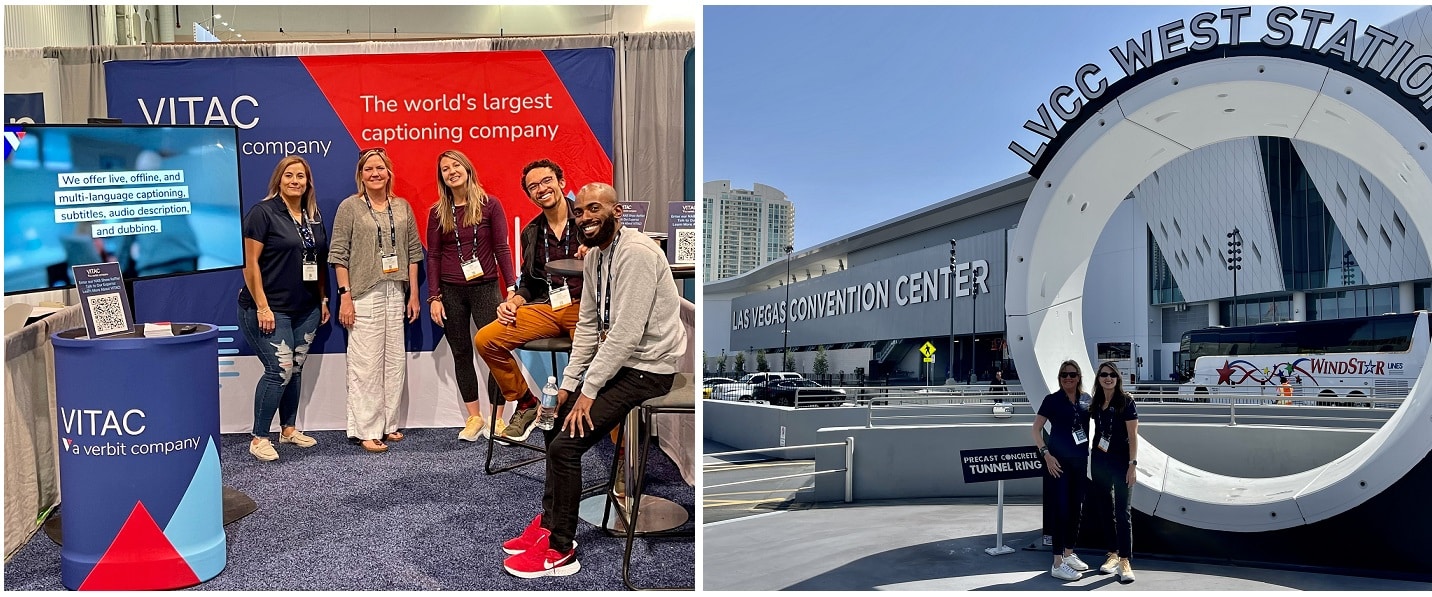 Collage of photos showing the 5-person VITAC team in front of the VITAC booth at NAB and another photo showing two women in from of the Vegas convention center