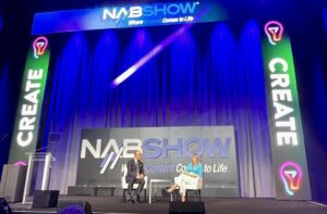 NBC news anchor Lester Holt on stage at the NAB show
