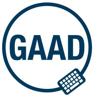 Global Accessibility Awareness Day Logo, featuring the capital letters GAAD in dark blue, surrounded by a dark blue circle with a dark blue laptop icon all on a light gray background