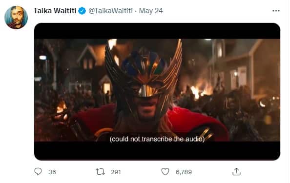 Image from 'Thor: Love and Thunder" showing a close up of Thor's face with the caption "could not transcribe the audio."