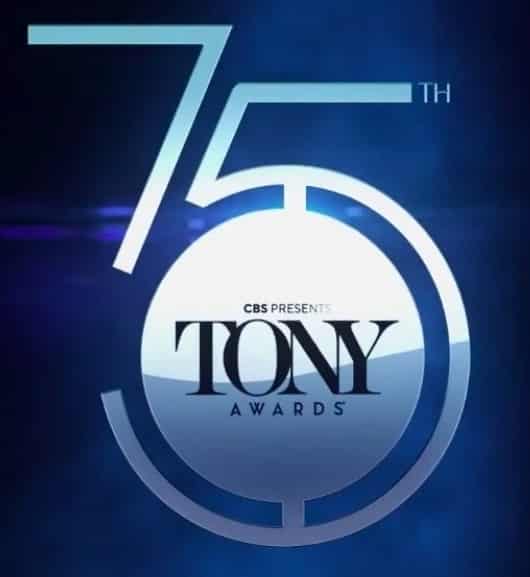 75th Tony Awards on CBS logo with a stylized silver 75 against a blue background with the words 'Tony Awards' written in the loop of the 5.