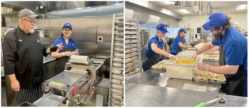 A picture collage showing on the left a VITAC employee speaking with a chef at the Food Bank of the Rockies and on the right staff preparing and packaging food and meals