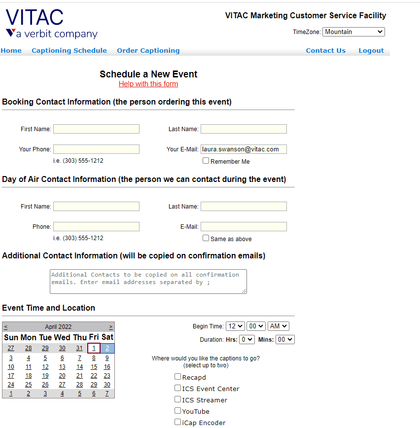 VITAC schedule a new event portal