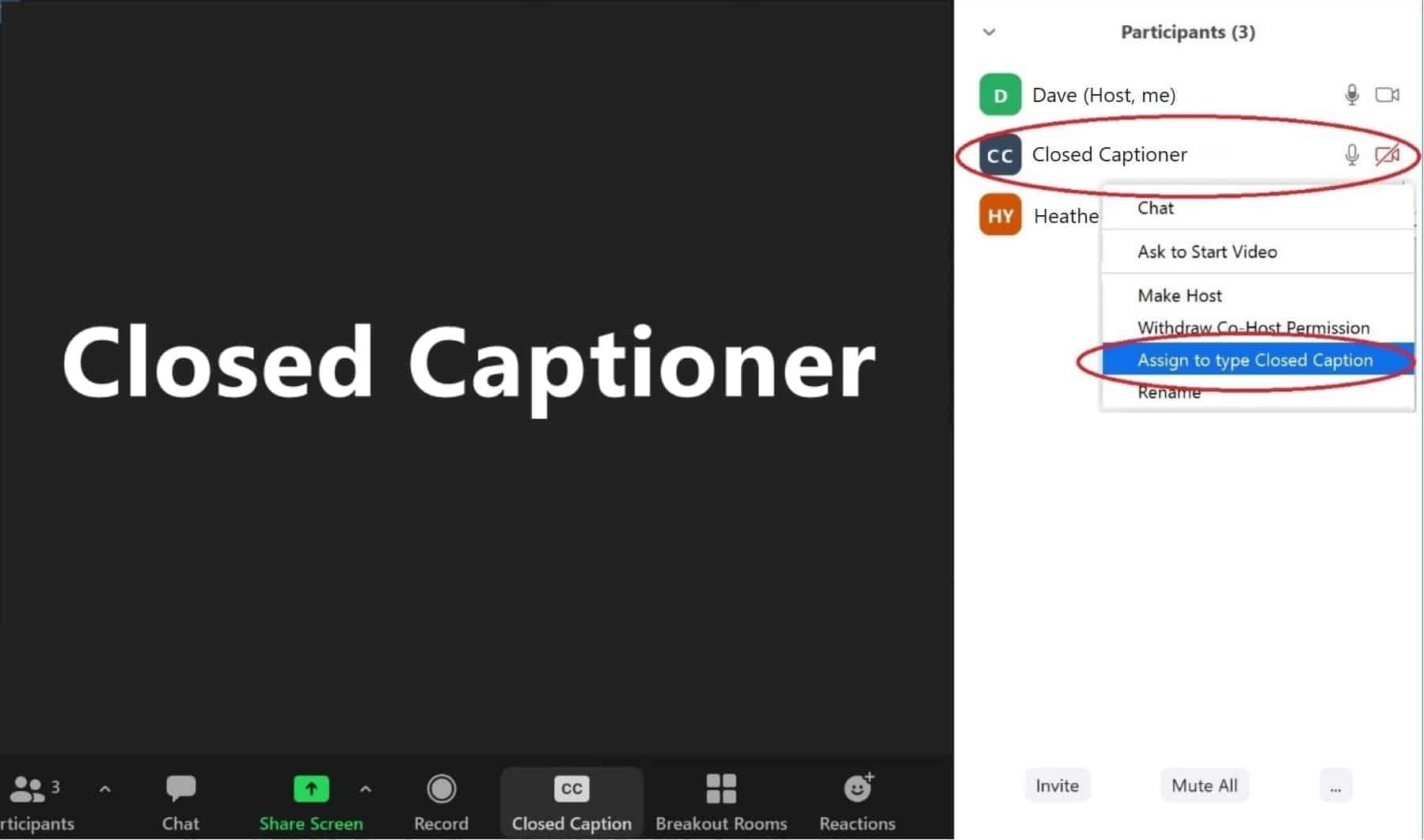 Zoom Screenshot showing VITAC's Closed Captioner is available