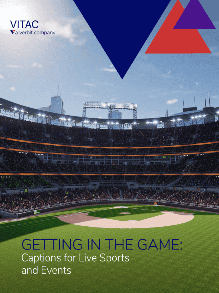 Cover of an eBook with the logo "VITAC: a verbit company" in blue lettering with a red triangle. The logo is atop a background of a baseball stadium with a view from behind centerfield.