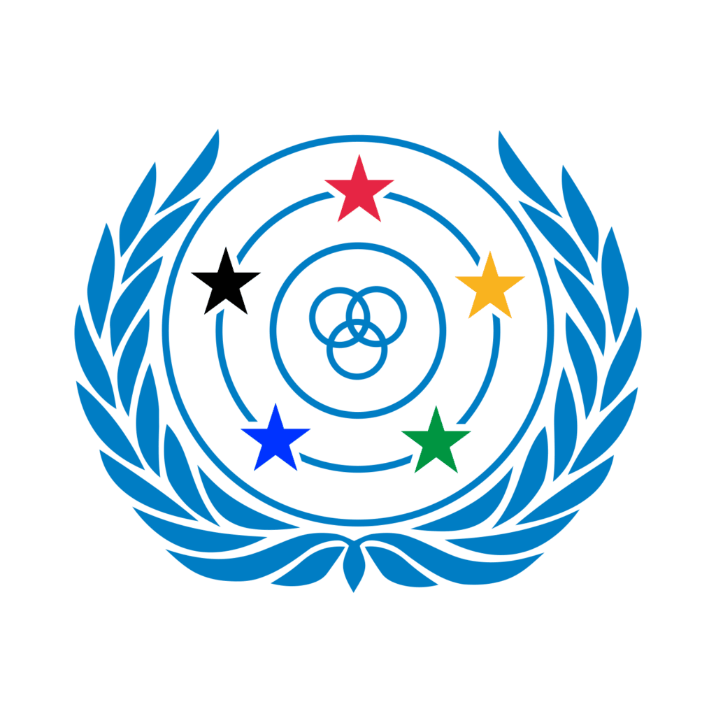 The logo for the World Federation of the Deaf. A blue circle containing two smaller circles, one which has five stars spaced along the line of the circle, each a different color in red, yellow, green, bright blue, and black. The center circle holds three smaller overlapping circles. On either side of the circle are two laurel branches, also in blue.