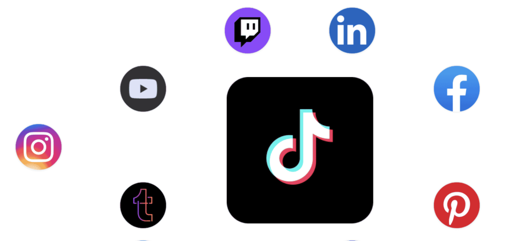 A cluster of social media icons pictured on a white background.In the center and larger than the other logos is the TikTok logo. The surrounding logos are as follows from left to right: the Instagram logo, the YouTube logo, the Twitch logo, the LinkedIn logo, the Facebook logo, the Tumblr logo, the Discord logo, the Pinterest logo, the Twitter logo.