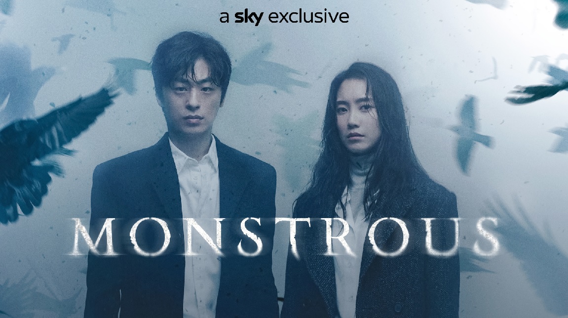 Picture of a man and women standing against a foggy background with the title 'monstrous' across the bottom for Sky