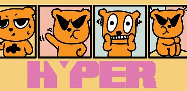Hyper Studios logo, 4 cartoon drawings of bears making various faces against a yellow background with the word "Hyper" in pink text.