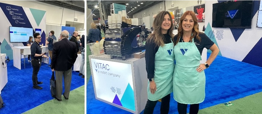 A two-picture collage - the first photo shows a man speaking with another man in VITAC NAB Show booth while the second shows two woman dressed in light blue aprons in front of a coffee station.