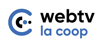 Logo for WebTV la coop. Two letter C's one large and blue and one smaller and black in the center, next to a blue dot and a black dot, with the words "webtv" in black and "la coop" in blue to the right.