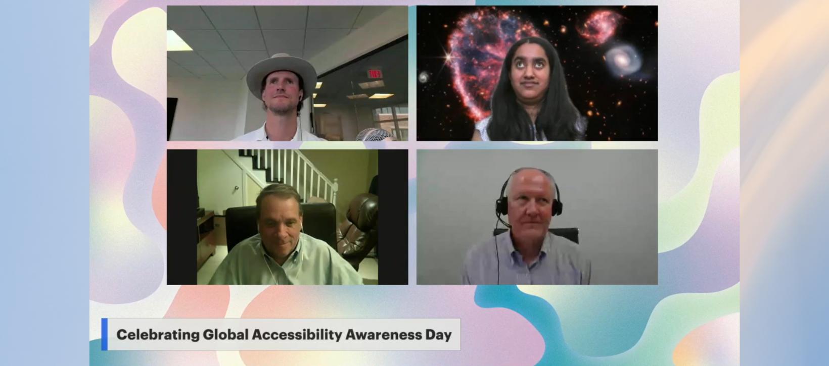 A screenshot of the GAAD event the American Council of the Blind hosted with four panelists appearing in individual zoom screen boxes. The panelists were, in order of appearance on screen from top left to bottom right, Clark Rachfal, Director of Advocacy and Governmental Affairs for the American Council of the Blind, Swatha Nandhakumar, Advocacy and Outreach Specialist for the American Council of the Blind, Carl Richardson, ADA Coordinator/504/Diversity Officer, Co-Chair of the Audio Description Project for the American Council of the Blind, and Dan Spoon, Interim Executive Director for the American Council of the Blind.