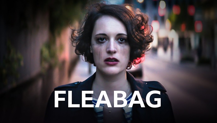 Image of Fleabag star Phoebe Waller-Bridge with running mascara through tears with the title 'Fleabag' in white letter below.