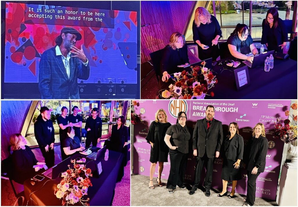 A collage of images. Top left, honoree and actor Troy Kotsur give him acceptance speech, with captions displayed behind him. The captions read 'it is such an honor being here to accept this award.' Top right, four women work at the captioning table, looking over open laptops in prepping for the captioned event. Bottom left, captioners and production crews work at a table planning for the evening's captions. Bottom right is the VITAC crew on the red carpet.