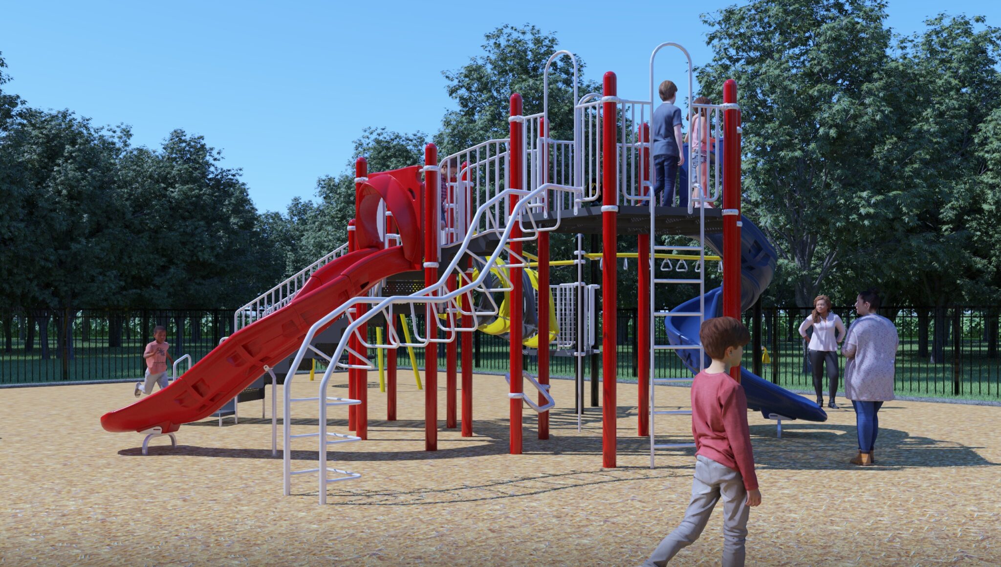 An artist's rendition of the Boys and Girls Club playground, including a long red slide and a white climbing ladder.