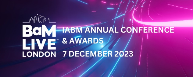 IABM Live London logo. A colorful swirl of blue, purple and white background with the words IABM Annual Conference and Awards, 7 December 2023 in the foreground