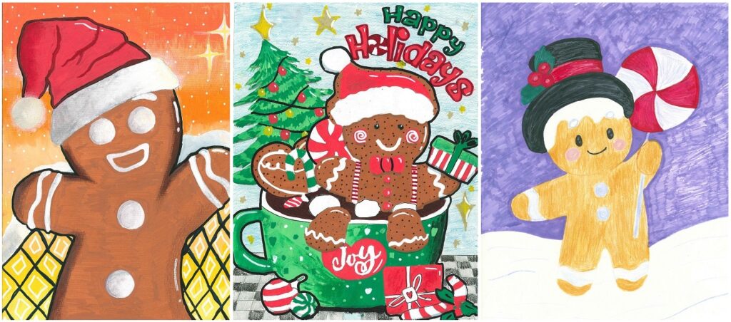 A collage of three gingerbread men drawings, the first gingerbread man is wearing a santa cap and smiling; the second also is wearing a santa hat and resting in a warm cup of cocoa with the words ;happy holiday'  written in red and green above his head; and the third is wearing a black hat with a holly decoration and carrying a giant peppermint lolly.