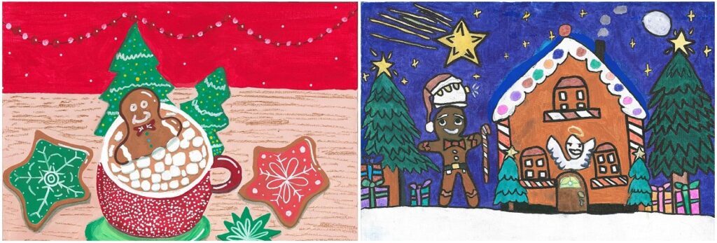 A collage of two gingerbread pieces with the first showing a gingerbread man in a warm cup of cocoa with marshmallows and the second a gingerbread mad holding a candy cane standing outside of his gingerbread house