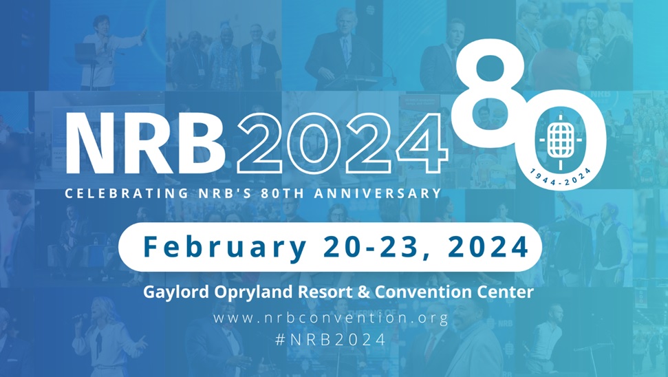 NRB 2024 in white letters against a blue background. Highlighted in a white box, written in blue letters, is the date of the convention - Feb. 20-23, 2024