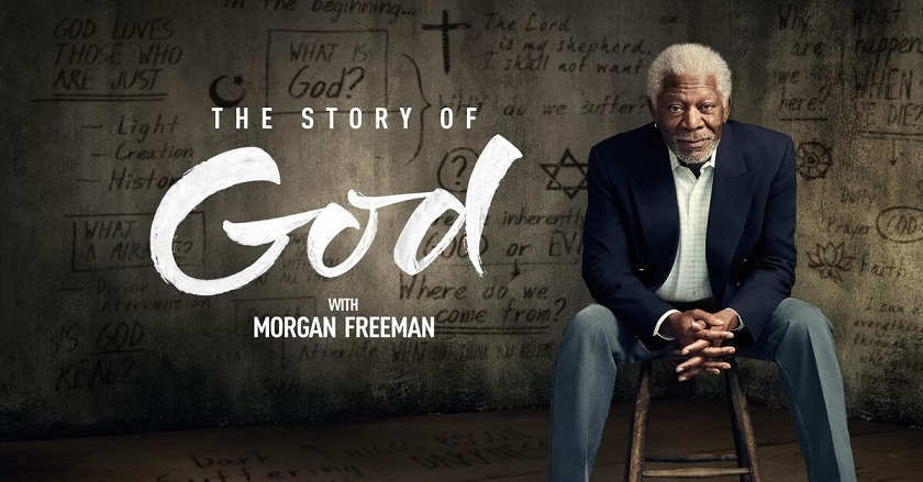 Morgan Freeman sits on a stool against a backdrop with religious iconography. In white letters to his right are the words 'The story of God with Morgan Freeman.' For the transcription blog
