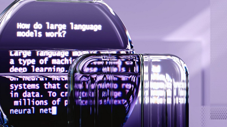 Blurred words on a clear glass screen that read 'how do large language models work?' for the AI blog