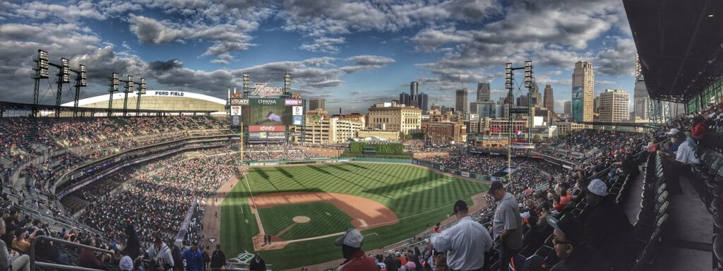 A view of the Detroit Tigers baseball field from the upper deck, down the first base line