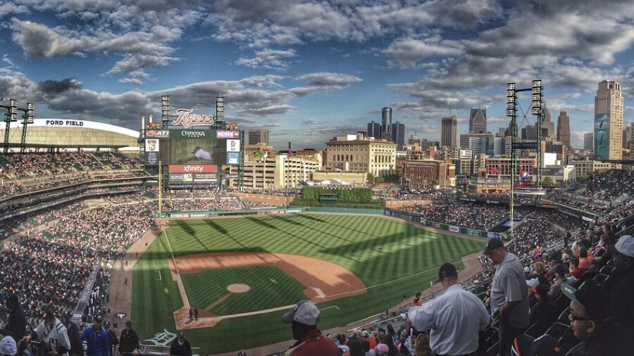 A view of the Detroit Tigers baseball field from the upper deck, down the first base line